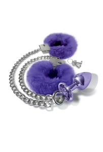 Nixie Metal Butt Plug & Furry Handcuff Set Medium Purple - metalowy korek z kajdankami na ręce