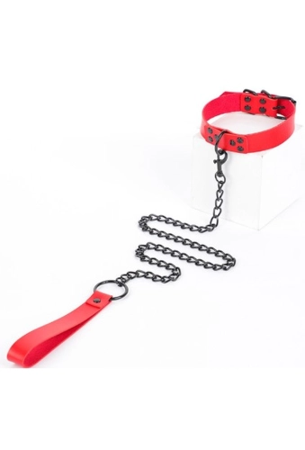 Reddish Neckband with Black Chain Set - zestaw obroża i smycz w kolorze czerwonym