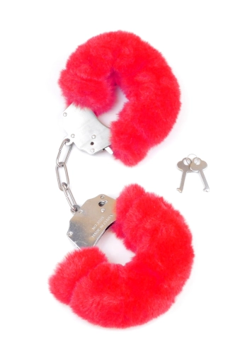 Furry Cuffs Red - metalowe kajdanki z futerkiem czerwone