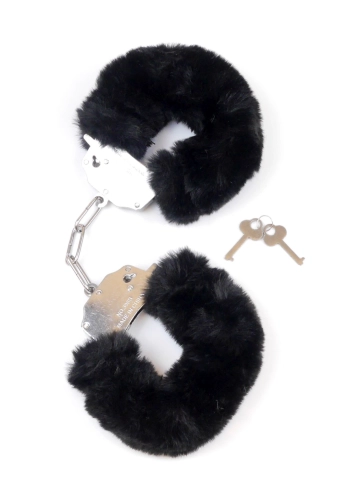 Furry Cuffs Black - kajdanki metalowe z czarnym futerkiem