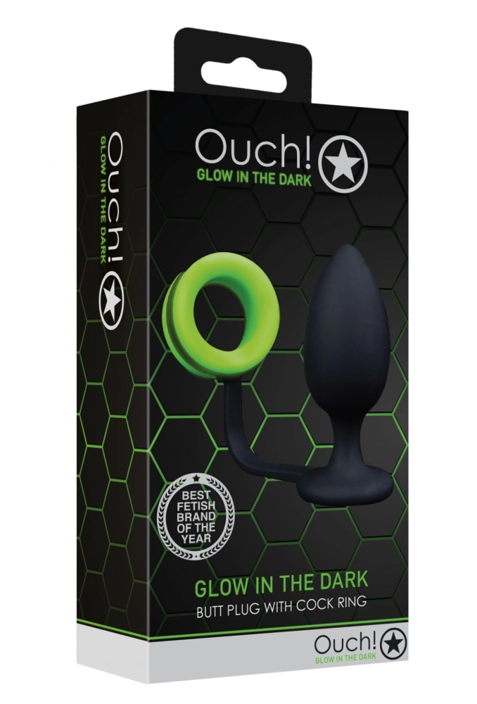 Ouch! Butt Plug with Cock Ring Neon GreenBlack - korek analny z pierścieniem na penisa.webp
