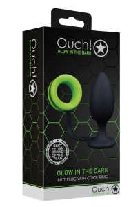 Ouch! Butt Plug with Cock Ring Neon Green/Black - korek analny z pierścieniem na penisa