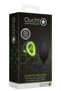 Ouch! Butt Plug Cock Ring & Ball Strap Green/Black - korek analny z pierścieniem na penisa i jądra