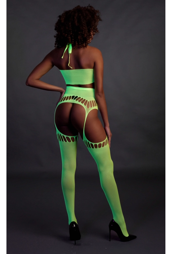 Ouch! Two Piece with Crop Top and Stockings Green  - świecący w ciemności bezszwowy komplet bielizny 2.webp