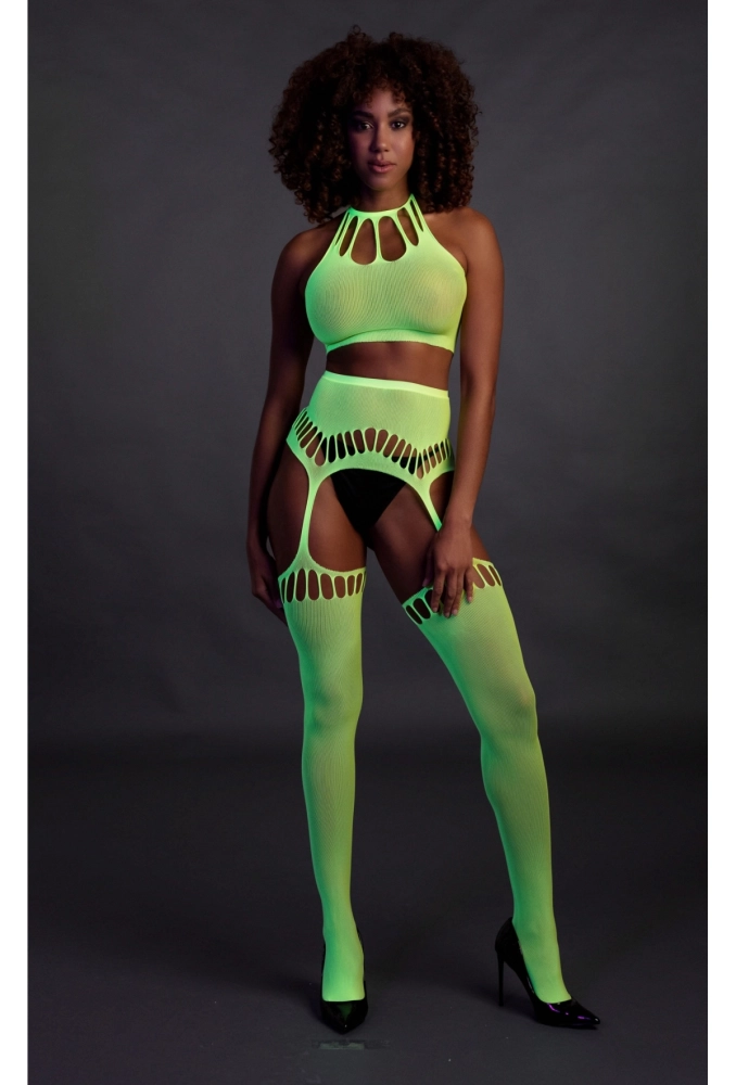 Ouch! Two Piece with Crop Top and Stockings Green  - świecący w ciemności bezszwowy komplet bielizny.webp