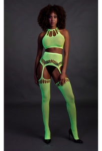 Ouch! Two Piece with Crop Top and Stockings Green  - świecący w ciemności bezszwowy komplet bielizny