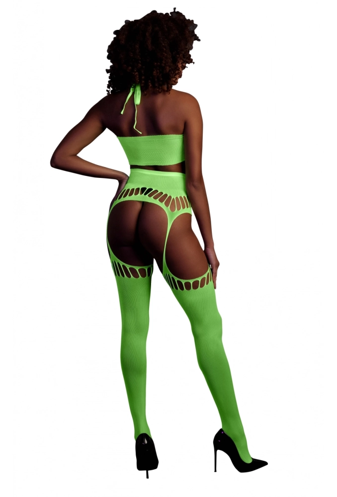 Ouch! Two Piece with Crop Top and Stockings Green  - świecący w ciemności bezszwowy komplet bielizny 4.webp