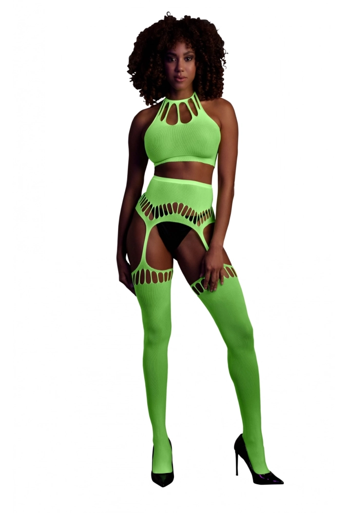 Ouch! Two Piece with Crop Top and Stockings Green  - świecący w ciemności bezszwowy komplet bielizny 3.webp