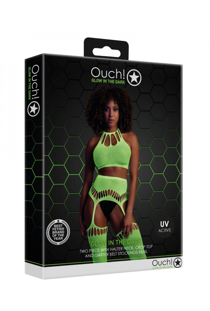 Ouch! Two Piece with Crop Top and Stockings Green  - świecący w ciemności bezszwowy komplet bielizny 6.webp