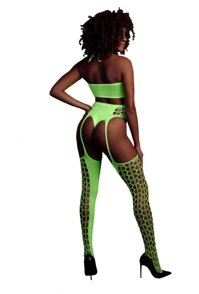 Ouch! Two Piece with Crop Top and Stockings Green - świecący w ciemności bezszwowy komplet bielizny 6 (2).webp