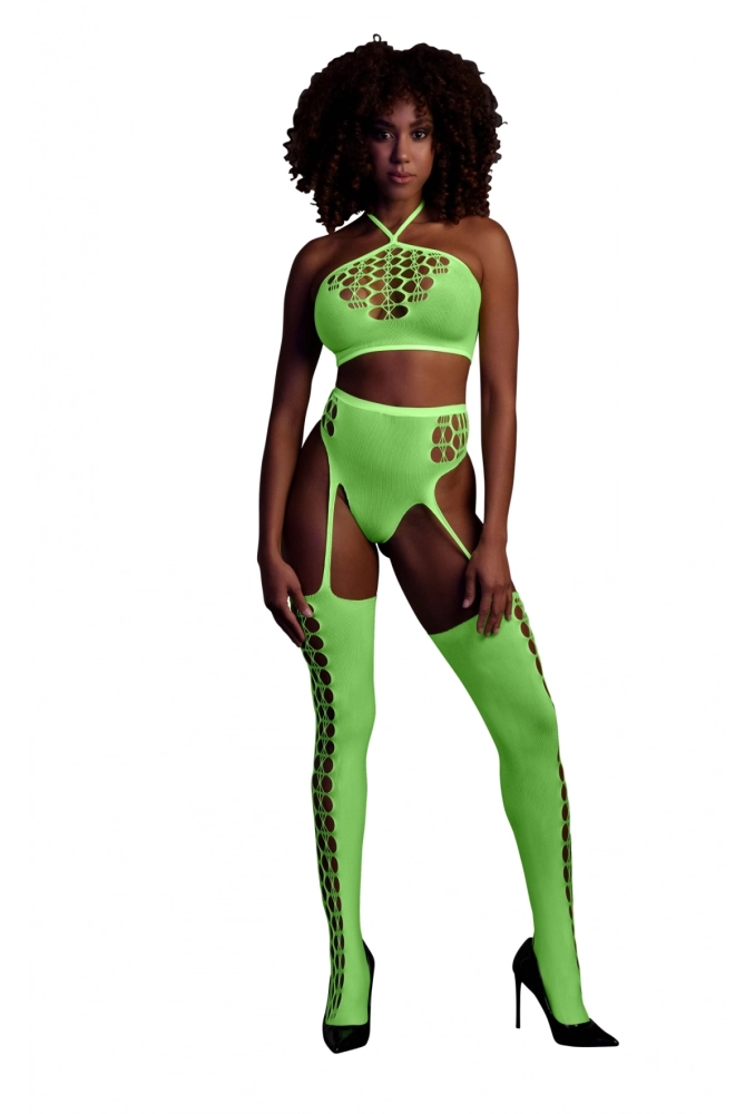 Ouch! Two Piece with Crop Top and Stockings Green - świecący w ciemności bezszwowy komplet bielizny 5 (2).webp