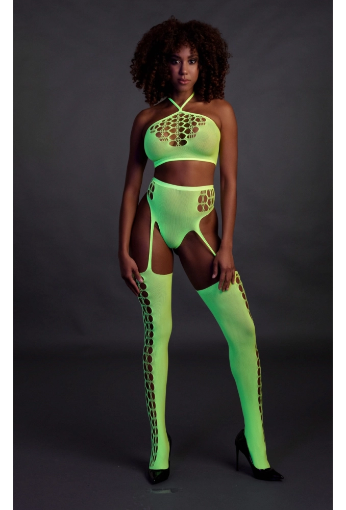 Ouch! Two Piece with Crop Top and Stockings Green - świecący w ciemności bezszwowy komplet bielizny (2).webp