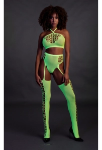 Ouch! Two Piece with Crop Top and Stockings Green - świecący w ciemności bezszwowy komplet bielizny