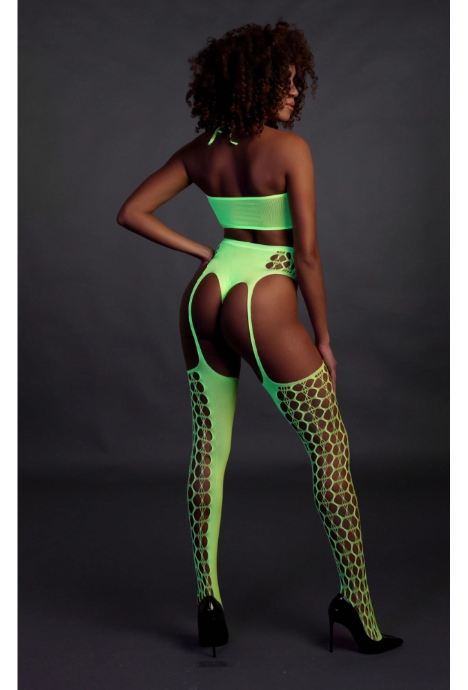 Ouch! Two Piece with Crop Top and Stockings Green - świecący w ciemności bezszwowy komplet bielizny 2 (2).webp