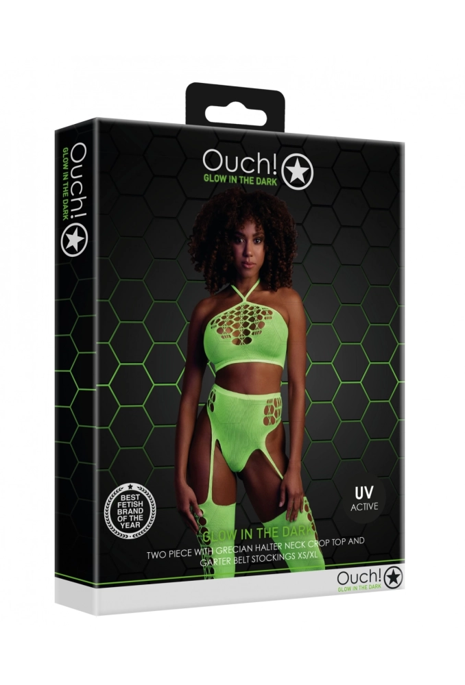 Ouch! Two Piece with Crop Top and Stockings Green - świecący w ciemności bezszwowy komplet bielizny 3 (2).webp