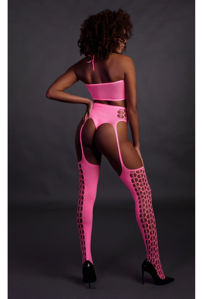 Ouch! Two Piece with Crop Top and Stockings Pink - świecący w ciemności bezszwowy komplet bielizny 2.webp