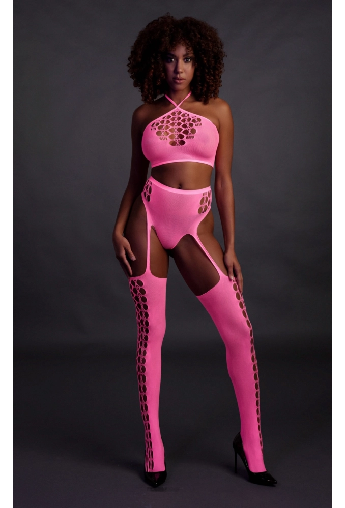 Ouch! Two Piece with Crop Top and Stockings Pink - świecący w ciemności bezszwowy komplet bielizny.webp