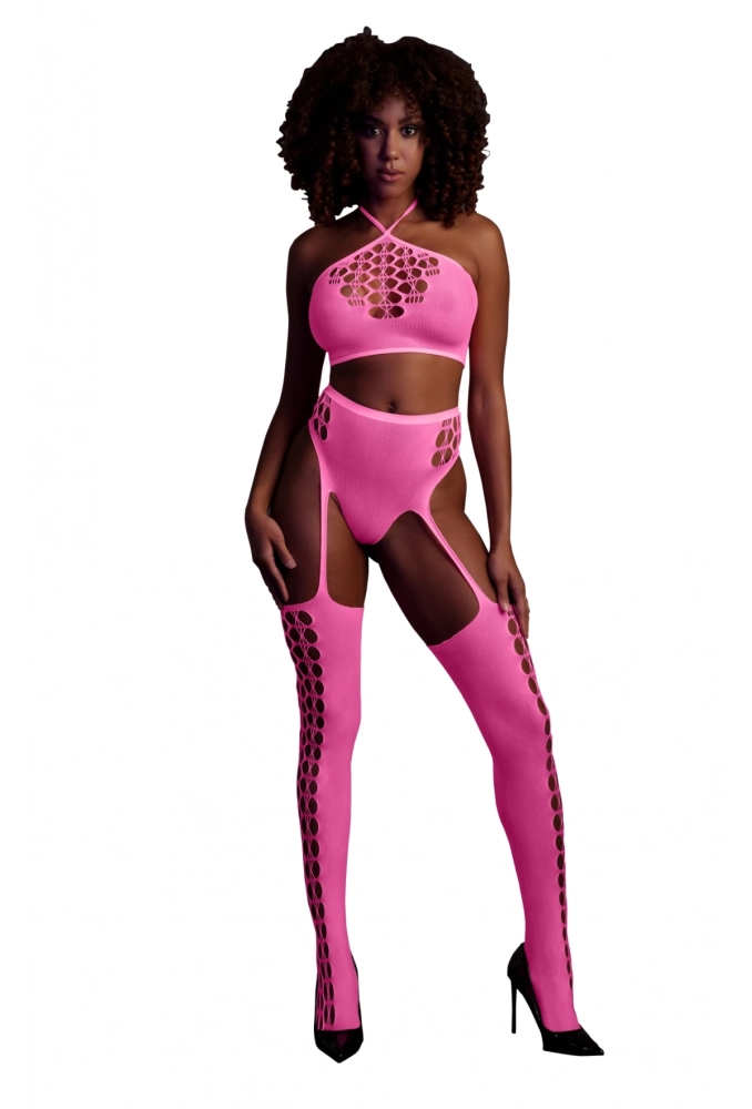 Ouch! Two Piece with Crop Top and Stockings Pink - świecący w ciemności bezszwowy komplet bielizny 3.webp
