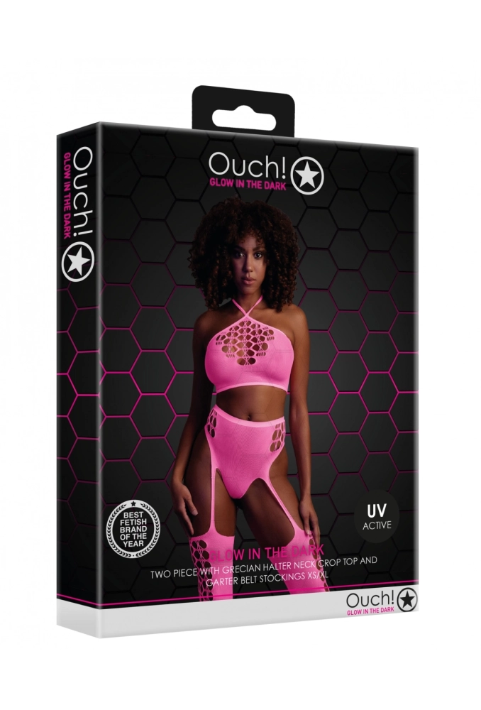 Ouch! Two Piece with Crop Top and Stockings Pink - świecący w ciemności bezszwowy komplet bielizny 4.webp