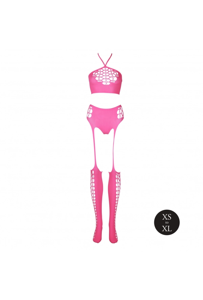 Ouch! Two Piece with Crop Top and Stockings Pink - świecący w ciemności bezszwowy komplet bielizny 5.webp