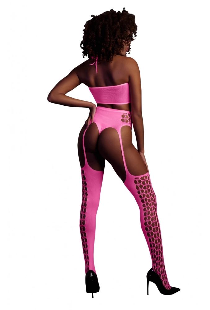 Ouch! Two Piece with Crop Top and Stockings Pink - świecący w ciemności bezszwowy komplet bielizny 6.webp