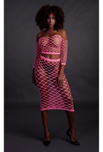 Ouch! Long Sleeve Crop Top and Long Skirt Pink - świecący w ciemności bezszwowy top oraz spódnica