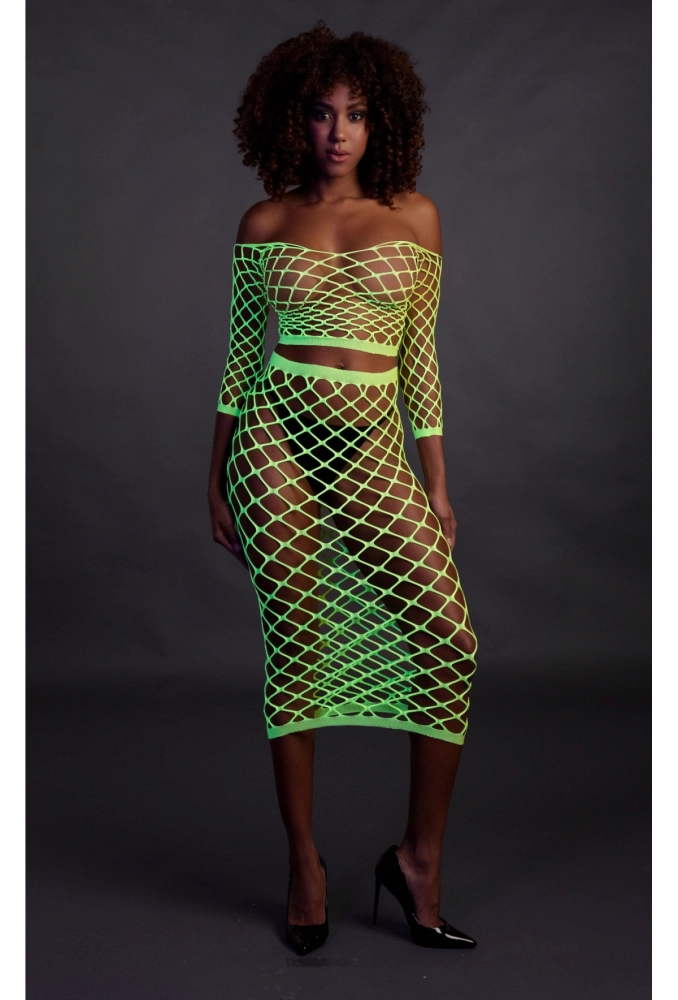 Ouch! Long Sleeve Crop Top and Long Skirt Green - świecący w ciemności bezszwowy top oraz spódnica.webp