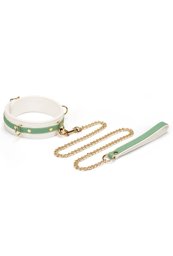 Fairy White & Green Leather Collar With Chain Leash - obroża ze smyczą.webp