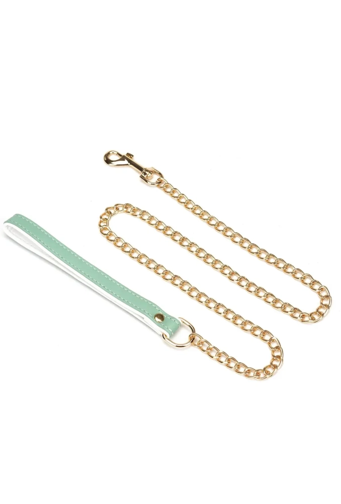Fairy White & Green Leather Collar With Chain Leash - obroża ze smyczą 2.webp